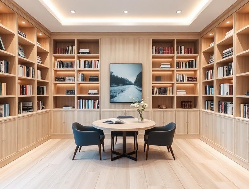 White oak floor-to-ceiling library built-ins