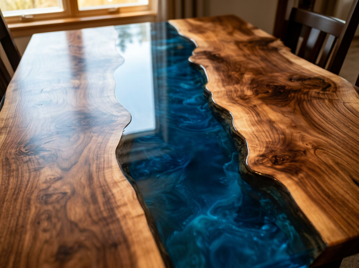 Walnut and blue epoxy river table
